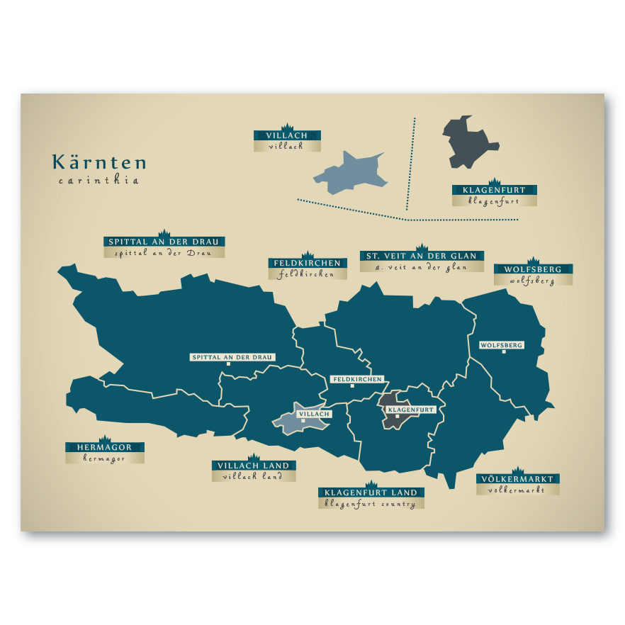 Kärnten Karte (Österreich) - Moderne Landkarte - Wandbild Kunstdruck Poster Map