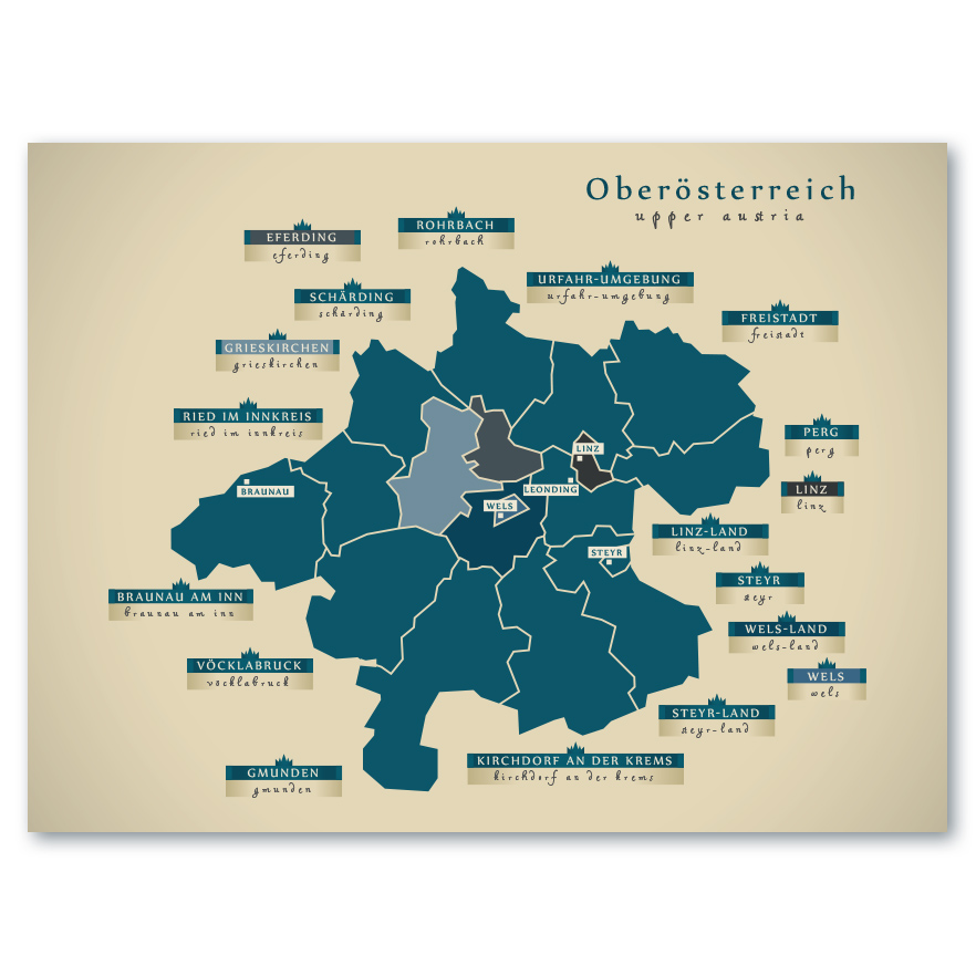 Oberösterreich Karte (Österreich) - Moderne Landkarte - Wandbild Kunstdruck Poster Map