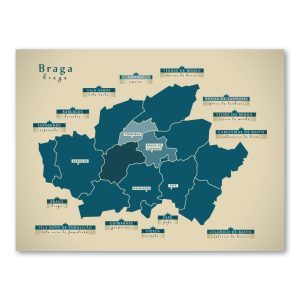 Braga Karte (Portugal) - Moderne Landkarte - Wandbild Kunstdruck Poster Map