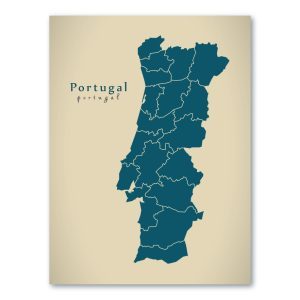 Portugal mit Distrikten Karte - Moderne Landkarte - Wandbild Kunstdruck Poster Map